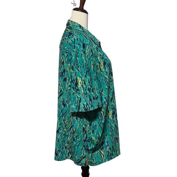 Catherines Top Womens 2X Green Blue Button Up Stretch Short Sleeve V-Neck Blouse - Picture 5 of 9